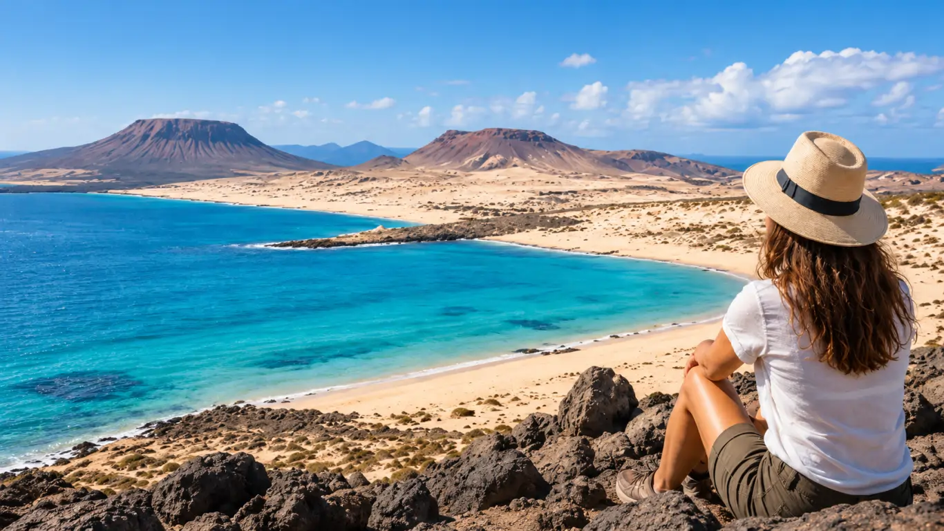 Volcanic landscapes and coast of La Graciosa from a viewpoint